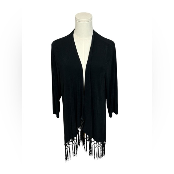 Chicos Travelers Open Cardigan Womens Large Black Tasseled Fringe Slinky Sz 2 - Picture 1 of 11